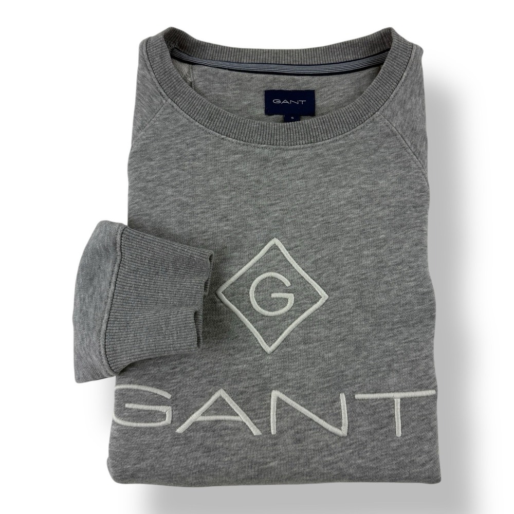 GANT Gray Cotton Polyester Crewneck Sweatshirt‎ Spellout Logo Long Sleeve Small